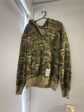 Bape Olive Green Graphic Zip Hoodie with All-Over Print
